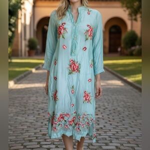 Chic Floral Embroidered Long Sleeve Dress - Light Blue